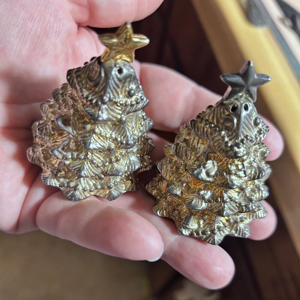 Godinger Silver Plated  Christmas Tree Salt & Pepper Shakers Vintage